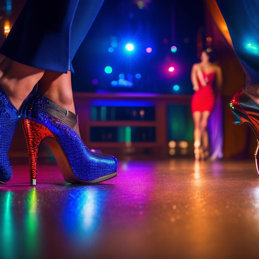 A vibrant dance floor scene showcasing a variety of stylish Latin dance shoes, including sleek black leather, sparkling sequined pairs, and elegant suede, surrounded by colorful lights and a polished wooden floor.