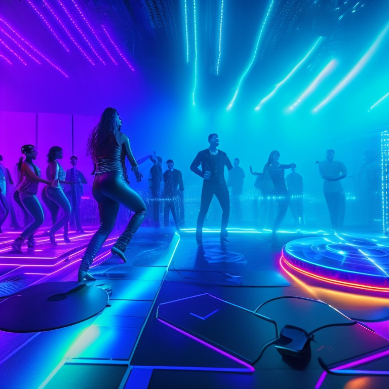 A futuristic dance floor with neon lights, surrounded by virtual reality headsets and laptops, with dancing avatars and colorful stage lights in the background, blurred dancers in the foreground.