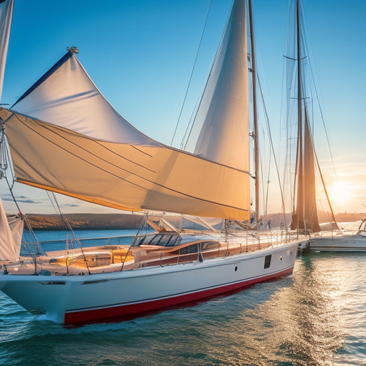 A warm, sun-kissed dock scene with a sleek, white Sea Ray yacht prominently centered, surrounded by nautical ropes, life rings, and flags blowing in the gentle ocean breeze.