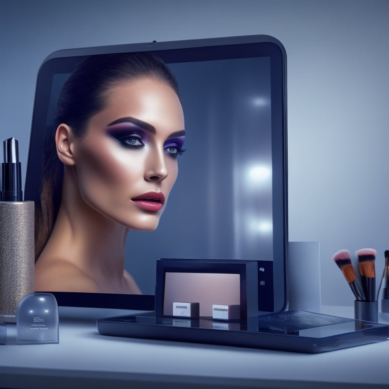 A futuristic, sleek makeup station with a tablet displaying a digital makeup book, surrounded by scattered physical makeup products, with a blurred-out model's face in the background, subtly applying digital makeup.