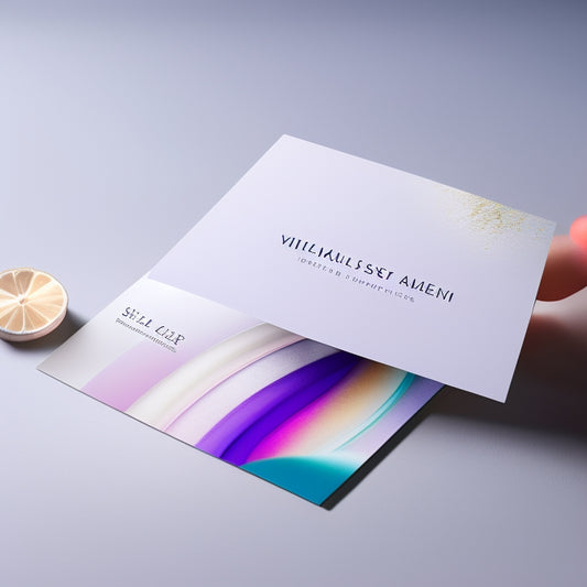 A minimalist, modern makeup artist business card featuring a stylized, swirling pattern of colorful nail polish bottles and brushes, set against a neutral background with subtle gradient effects.