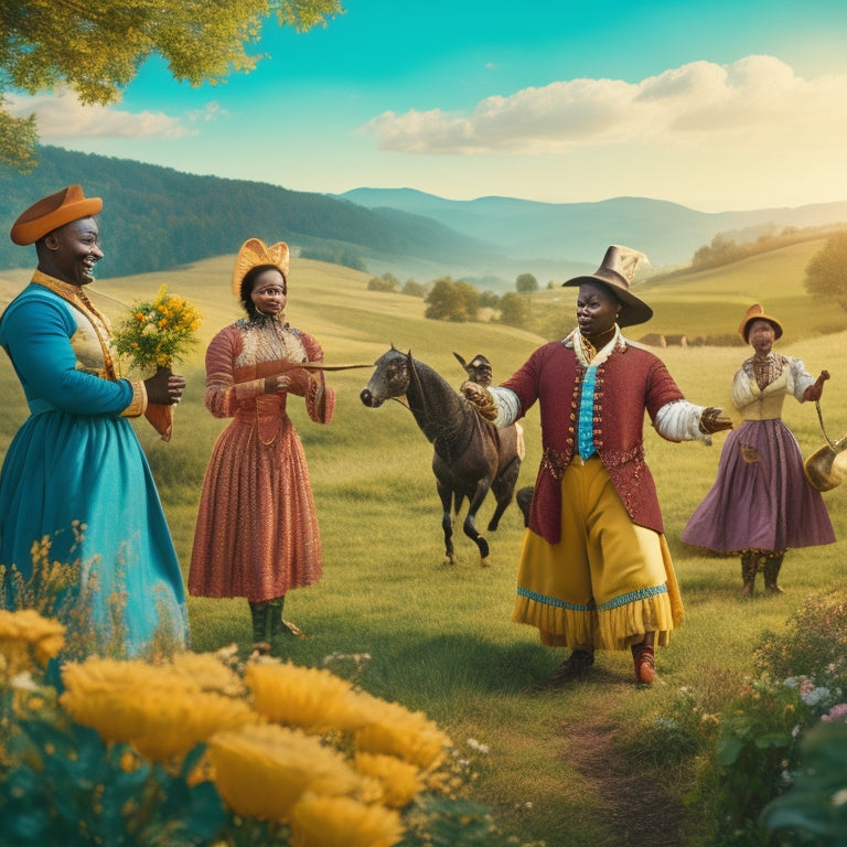 A whimsical illustration featuring a smiling Ignatius Sancho, dressed in 18th-century attire, holding a horn, surrounded by lively country dancers, flowers, and rolling hills, bathed in warm sunlight.