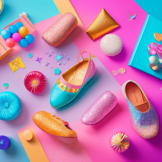 A colorful illustration of various dance-themed icons, including a ballet slipper, tap shoe, and dance bag, surrounded by musical notes, stars, and confetti, set against a soft, pastel background.