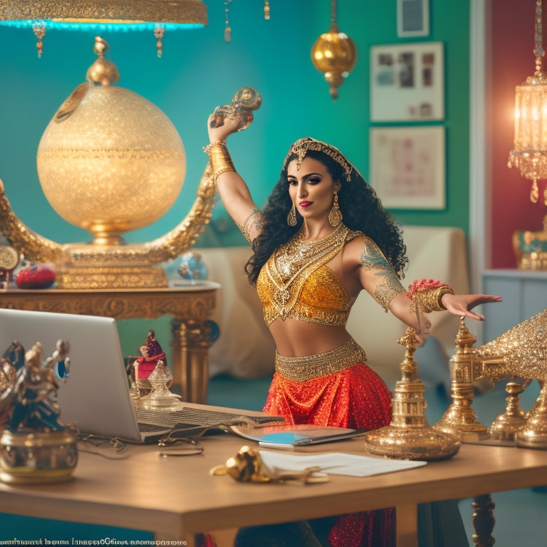 A vibrant illustration of a busy woman in her 30s, surrounded by clocks, laptops, and to-do lists, yet effortlessly performing a belly dance move in a modern, minimalist studio.