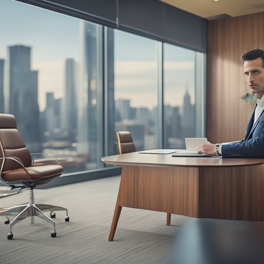 A sleek, modern conference room with a polished wood table, surrounded by high-backed leather chairs, illuminated by soft, natural light, featuring a confident business professional posing in front of a blurred cityscape.