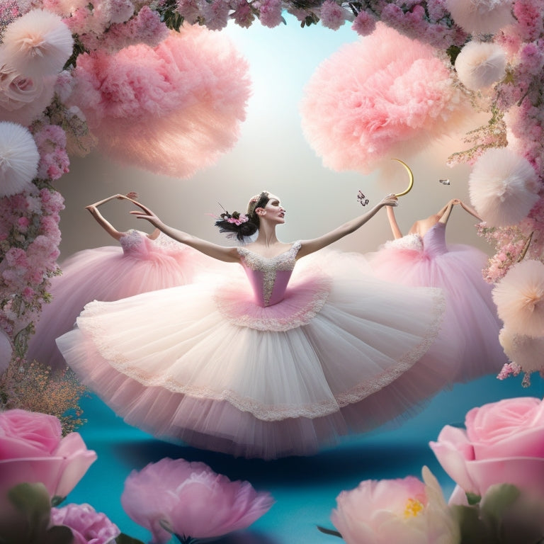 A whimsical illustration featuring a delicate ballerina surrounded by swirling tutus, flowers, and musical notes, set against a soft, pastel-colored background with subtle texture and gentle shading.