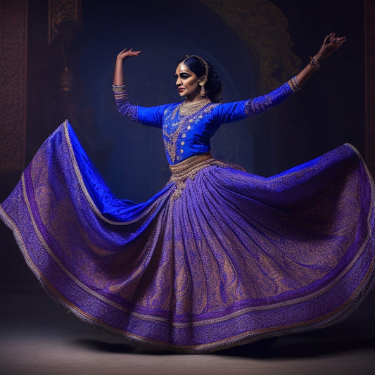 A vibrant, ethereal illustration of a lone Kathak dancer in motion, surrounded by swirling fabrics and intricate Indian patterns, set against a rich, dark blue background with golden accents.