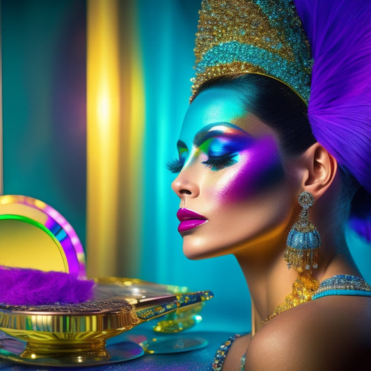 A glamorous, spotlit dancer in a bold, brightly colored costume, surrounded by makeup brushes, compacts, and palettes, with a mirror reflecting a flawless, glittering face.