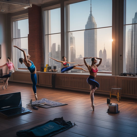 A vibrant dance studio with a laptop and headphones on a table, surrounded by ballet barres, mirrors, and dancers in various poses, with a cityscape visible through the window.