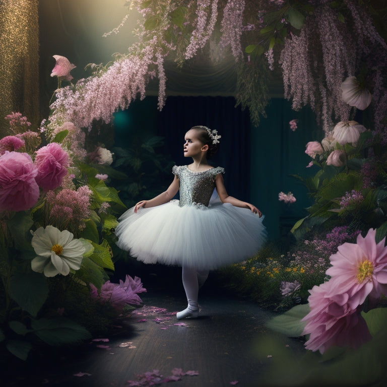 A whimsical illustration of a young girl in a flowing tutu, surrounded by delicate flowers and vines, with a subtle background of a ballet studio or dance floor.