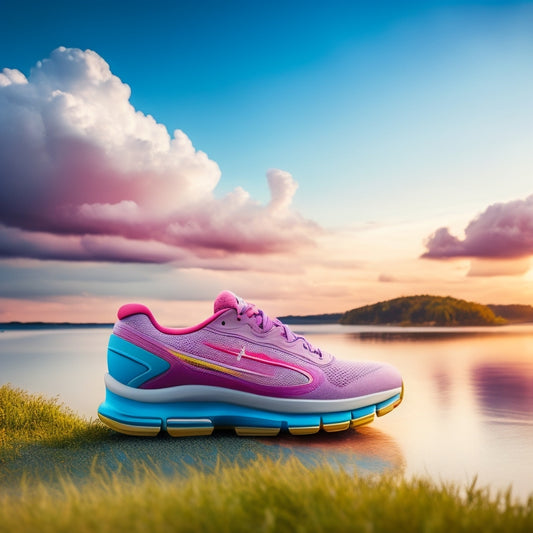 A close-up of cushioned shock-absorbing insoles in a vibrant shoe, surrounded by soft clouds, gentle waves, and a serene landscape, conveying comfort and pain relief through a soothing color palette.