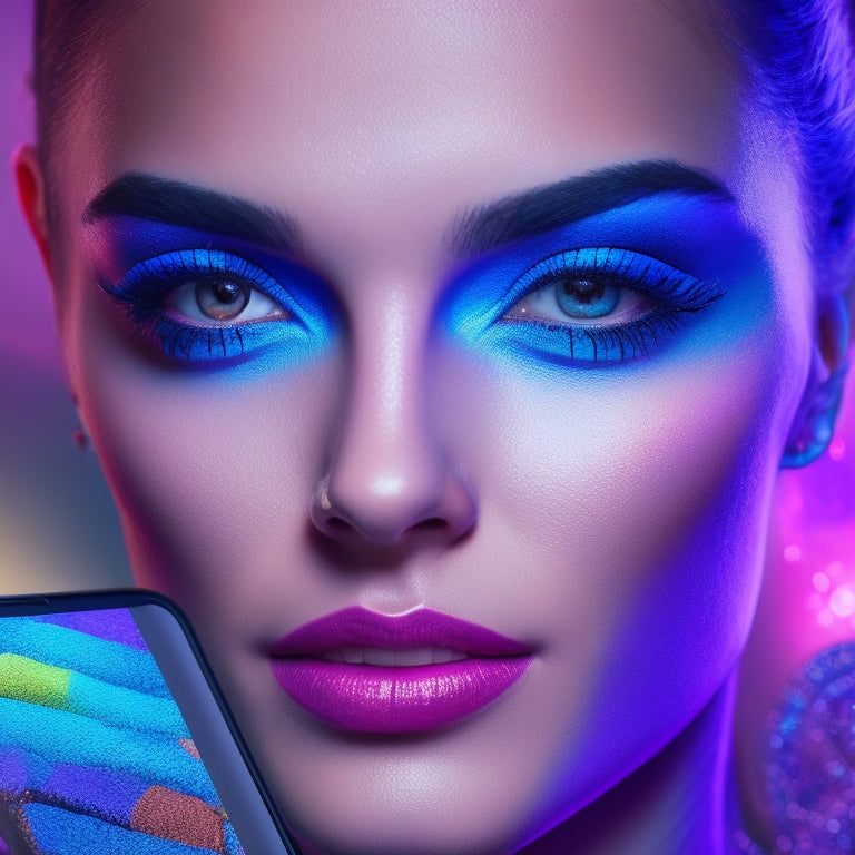 A close-up of a dancer's face in front of a ring light, with a tablet or smartphone screen reflecting a digital makeup design, surrounded by makeup brushes and tools, against a dark, gradient background.