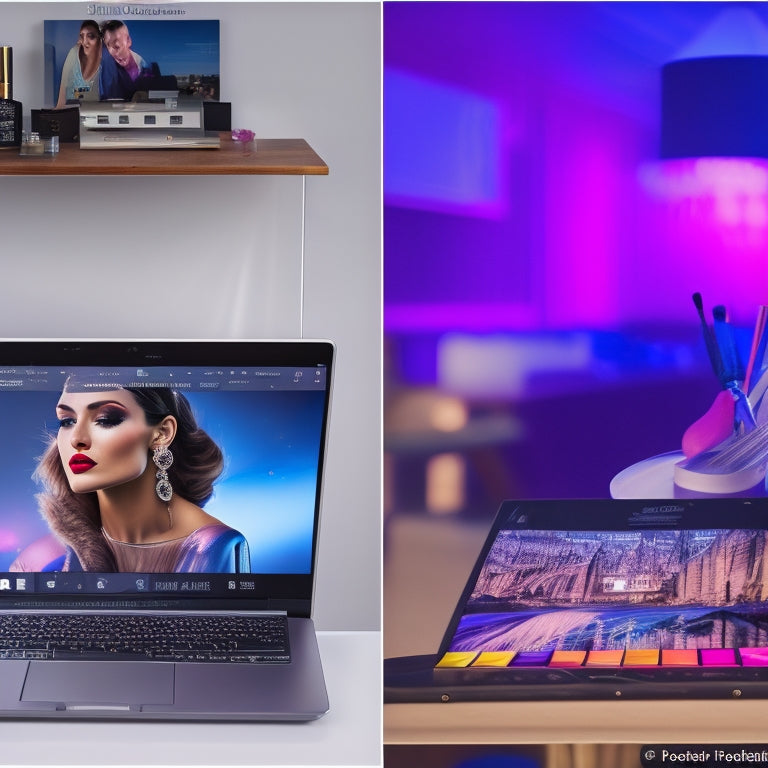 A split-screen image: on the left, a makeup artist's workstation with brushes, palettes, and mirrors, and on the right, a laptop with a dance-themed online course website open on the screen.