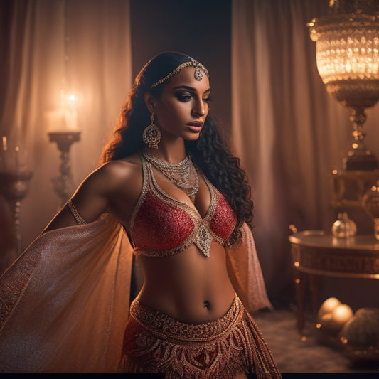 An illustration of a woman in a serene, dimly lit studio, surrounded by Middle Eastern-inspired patterns and fabrics, performing a belly dance movement, with a subtle glow highlighting her core muscles.