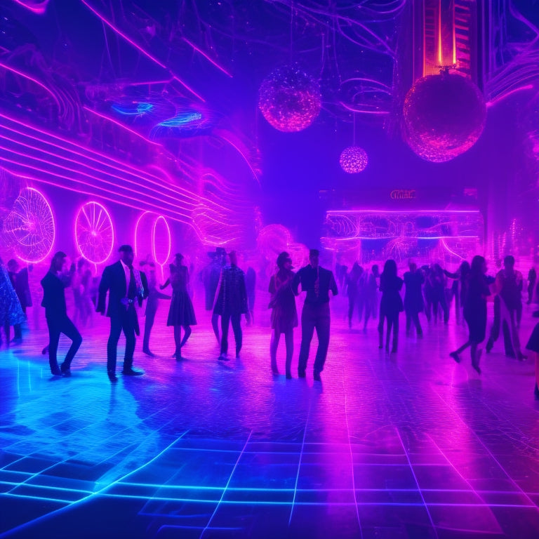 A vibrant, neon-lit dance floor with swirling patterns of purple, pink, and blue lights, surrounded by dancing silhouettes, with a futuristic, neon-lit cityscape in the background.