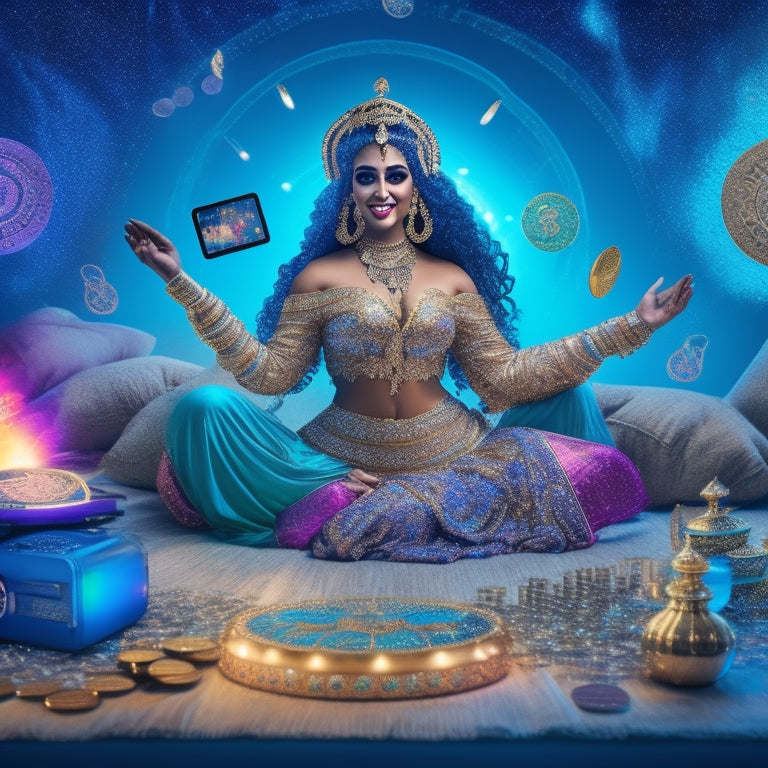 A whimsical illustration of a belly dancer surrounded by laptops, tablets, and smartphones, with sparkling stars and glittering coins flowing from the devices, amidst a colorful, swirling Arabic-inspired background.