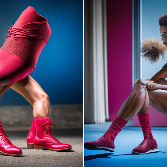 A split-screen image featuring a dancer's legs and feet in two contrasting scenarios: one with worn-out shoes, red and swollen feet, and a shocked expression, versus the other with proper gear, flexible footwear, and a confident smile.