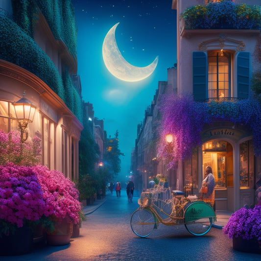 A whimsical illustration of a moonlit Parisian street scene, with 8 saxophones floating amidst swirling clouds, surrounded by impressionist-style flowers and vines, evoking a dreamy, bohemian atmosphere.