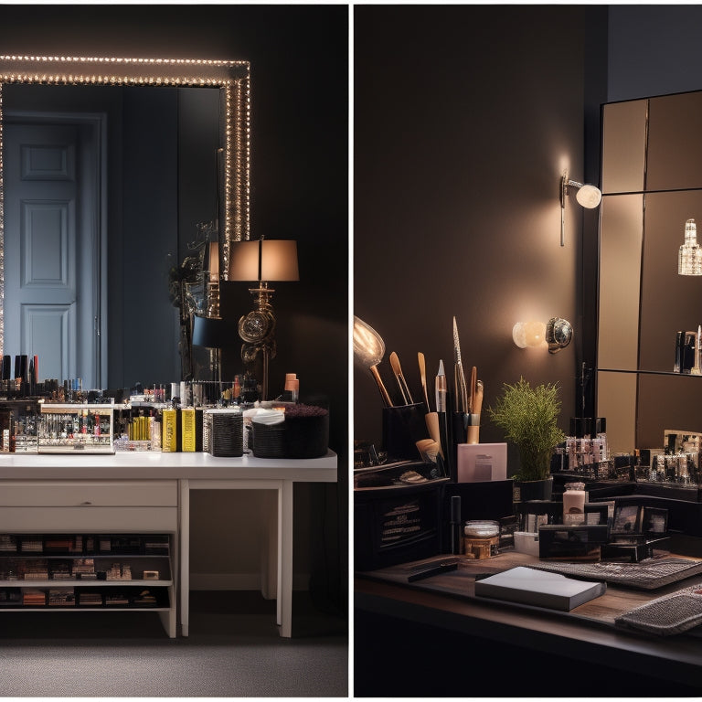 A split-screen image: a dimly lit, cluttered makeup station on the left, with scattered brushes and products, and a bright, organized, and modern station on the right, with neatly arranged products and a single, lit-up mirror.