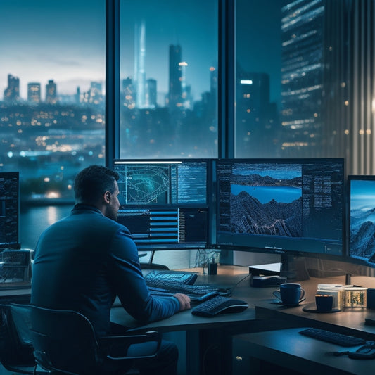 A darkened editing suite with a lone filmmaker surrounded by multiple monitors displaying vibrant, fast-paced video clips, amidst a tangle of cables and empty coffee cups, with a cityscape twinkling outside.