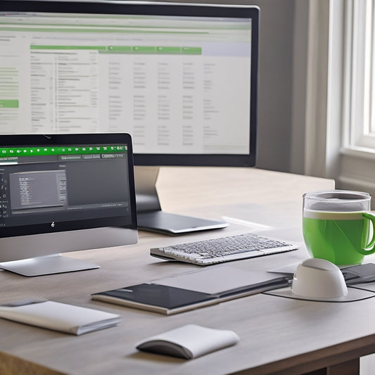 An illustration of a futuristic, sleek desktop with a laptop and a printer, surrounded by minimalistic, organized papers and a few 1096 forms, with a subtle, shimmering QuickBooks logo in the corner.