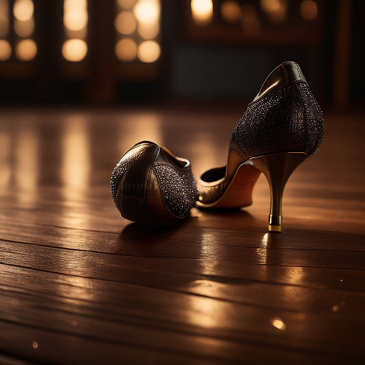 A beautifully lit, close-up shot of a pair of high-quality, sleek ballroom dance shoes with a subtle sheen, resting on a polished wooden dance floor, surrounded by faint dance floor reflections.