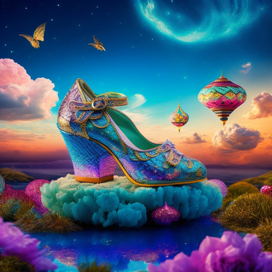 A vibrant display of whimsical fantasy shoes, featuring intricate designs like mermaid scales, ethereal wings, and swirling colors, set against a dreamy, surreal landscape with sparkling stars and soft clouds.