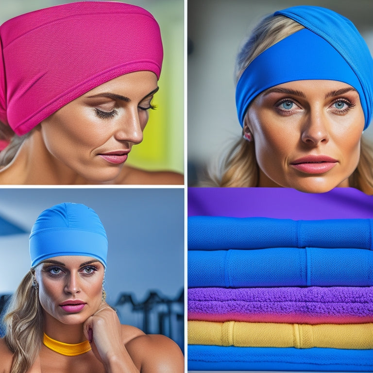 A vibrant array of high-quality gym headbands in various colors and patterns, displayed on a soft gym towel, with a blurred background of weights and exercise equipment, evoking comfort and stylish fitness.