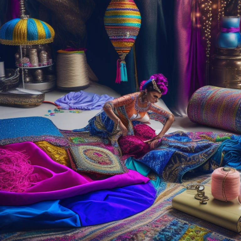 A whimsical illustration of a dancer surrounded by fabrics, threads, and accessories, with a laptop and sewing machine in the background, amidst a swirl of colorful fabrics and glittering embellishments.
