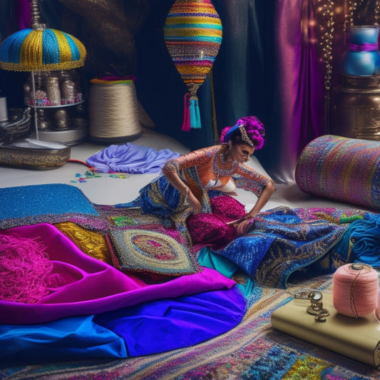 A whimsical illustration of a dancer surrounded by fabrics, threads, and accessories, with a laptop and sewing machine in the background, amidst a swirl of colorful fabrics and glittering embellishments.
