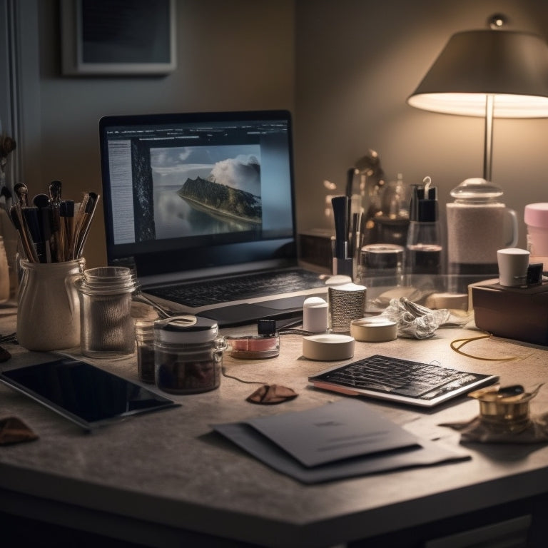 A cluttered, dimly lit vanity with scattered makeup products, broken mirrors, and tangled cords, surrounded by empty coffee cups and crumpled papers, with a laptop in the background displaying a blank website.