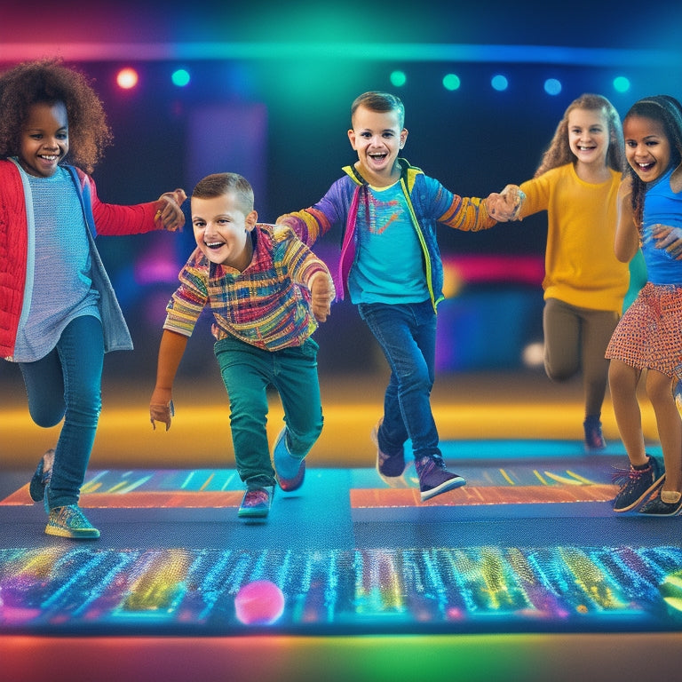 A colorful, vibrant illustration of a group of diverse, smiling children (ages 4-8) dancing and playing on various electronic dance mats with flashing lights and arrows, surrounded by toys and musical notes.