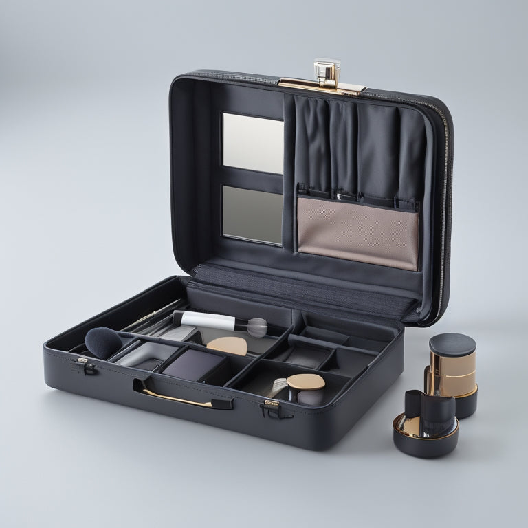 A sleek, black makeup case with a mirrored lid, open to reveal a spacious interior with multiple compartments, brushes, and makeup products arranged neatly inside, against a soft, white background.