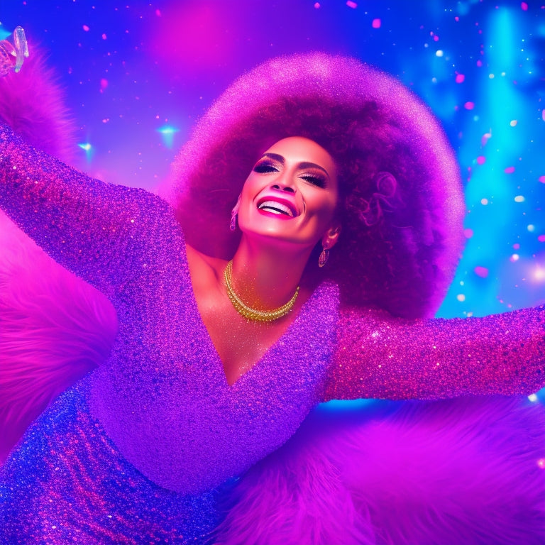 A vibrant, colorful illustration of a dancing woman in a bright pink feather boa and sparkling silver sequined dress, surrounded by disco balls and confetti, under a starry night sky.