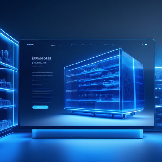 A futuristic, minimalist online storefront with sleek, glowing blue widgets floating around a stylized shopping cart, surrounded by swirling, shimmering digital particles and subtle circuit board patterns.