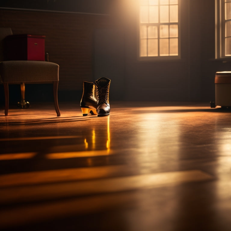 A dimly lit dance studio with a Marley floor, a single spotlight shines on a pair of tap shoes standing alone, surrounded by scattered taps and a few scattered dance steps etched into the floor.