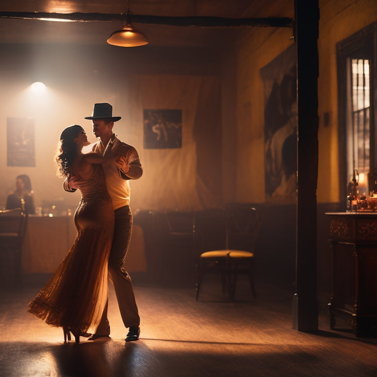 A dimly lit, smoky dance studio with a worn wooden floor, surrounded by vintage Cuban posters, where a passionate couple dances salsa, lost in the rhythm, with dynamic shadows.