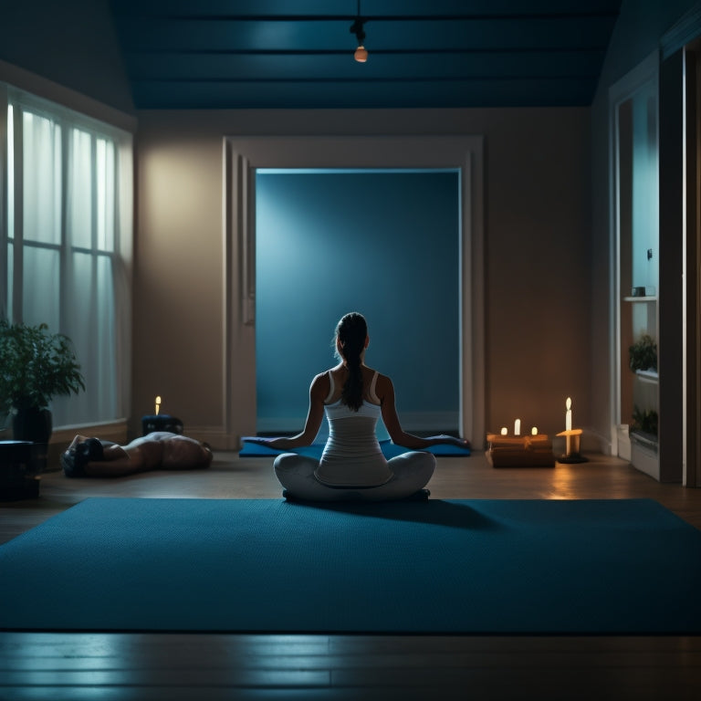 A serene, dimly lit yoga studio with a single, flexible female figure in a deep forward bend, surrounded by scattered yoga mats, blocks, and straps, with a blurred, gradient background.