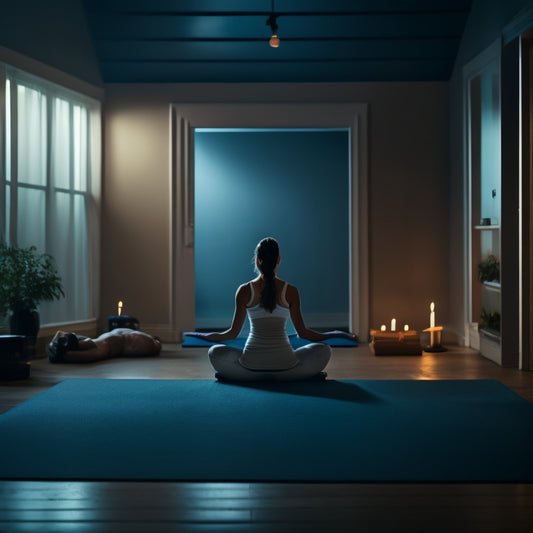 A serene, dimly lit yoga studio with a single, flexible female figure in a deep forward bend, surrounded by scattered yoga mats, blocks, and straps, with a blurred, gradient background.
