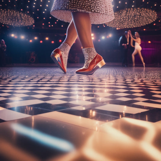 An illustration featuring a pair of dancing feet standing on a diamond-shaped template with squares and lines, surrounded by swirling dance floor lights and subtle music notes in the background.