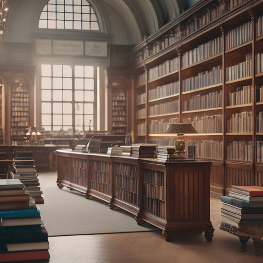 A serene, well-organized library interior with warm lighting, featuring rows of bookshelves with neatly labeled spines, a wooden reading table, and a few scattered bookmarks in muted colors.