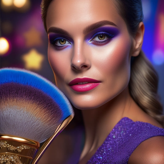 A stunning portrait of Lindy Wade, a makeup brush poised in her hand, surrounded by a halo of colorful cosmetics, with a subtle cityscape or studio background, soft focus and warm lighting.
