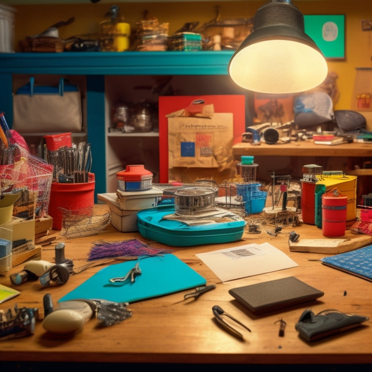 A cluttered workshop table with various tools and gadgets, surrounded by open instruction manuals with colorful diagrams and illustrations, with a few scattered Kmart shopping bags in the background.