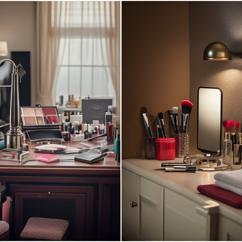 A split-screen image featuring a cluttered, messy vanity with scattered makeup and brushes on one side, and a tidy, organized workspace with a single, perfectly placed makeup brush on the other, with a subtle clock in the background.