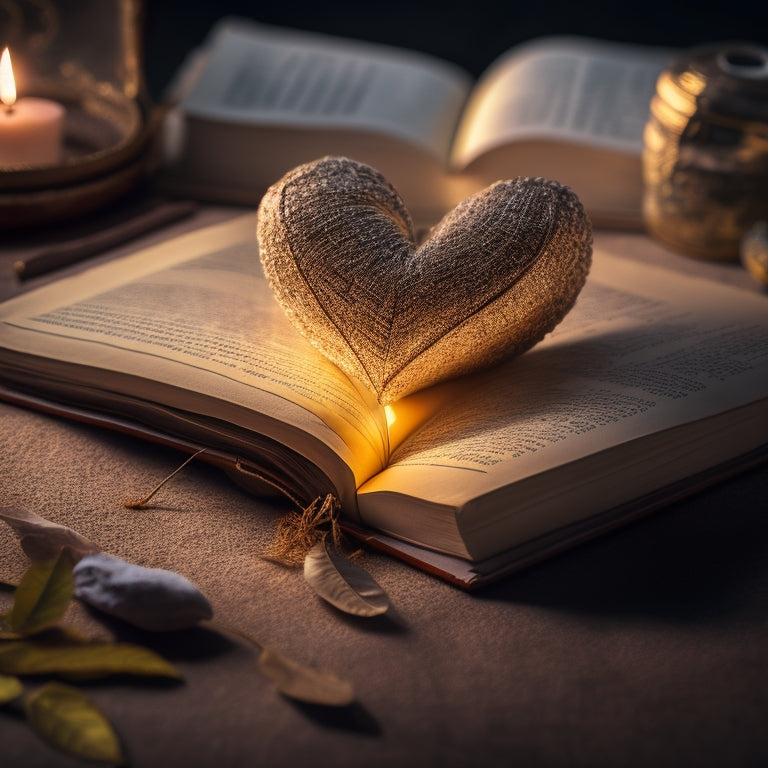 A delicate, golden thread weaving through a shattered heart, surrounded by torn pages of an old book, with a subtle, moonlit glow in the background, evoking a sense of longing and heartache.