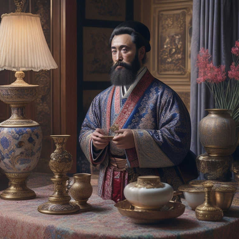 A refined, bearded French diplomat in 19th-century attire stands amidst vibrant, intricately patterned Joseon-era tapestries and ceramics, surrounded by traditional Korean instruments and delicate hanji lanterns.