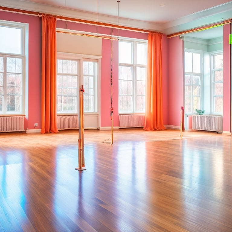 A serene dance studio with polished wooden floors, mirrors reflecting graceful movements, a ballet barre lined with colorful resistance bands, neatly arranged dance shoes, and vibrant yoga mats, all bathed in soft, natural light.