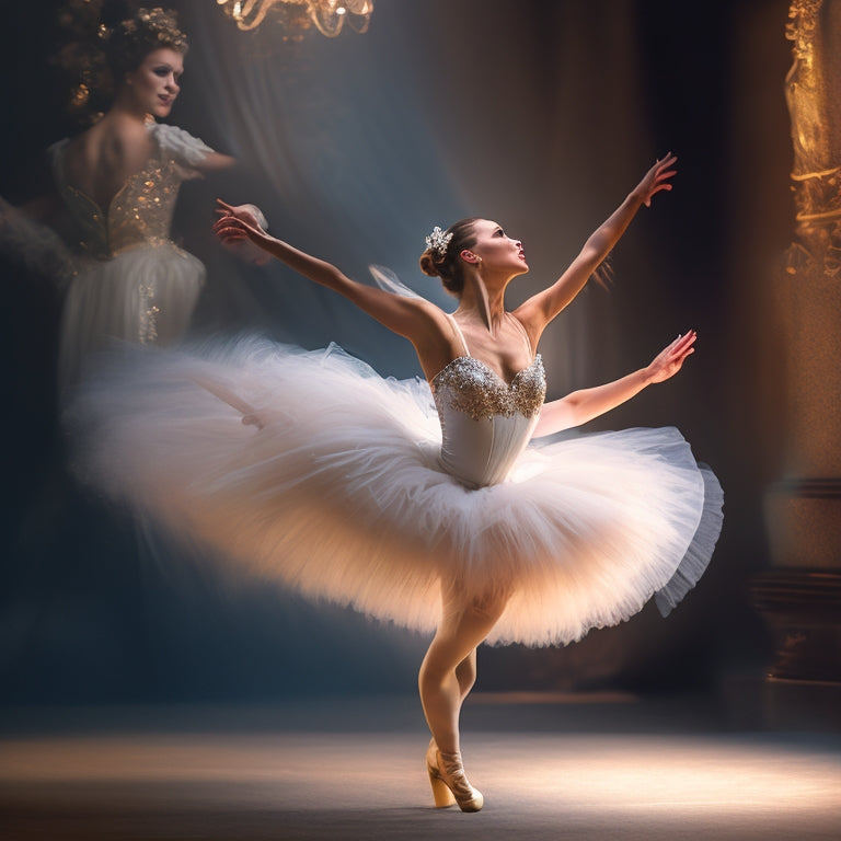 A delicate, ethereal illustration of a ballerina in mid-pirouette, surrounded by soft, feathery brushstrokes and subtle, shimmering lights, evoking the dreamy, Impressionist style of Edgar Degas.