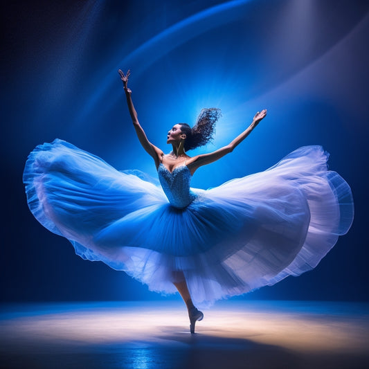 A mesmerizing, spotlit dancer in mid-pirouette, surrounded by swirling silhouettes of fellow performers, against a dark, gradient-blue background with twinkling stage lights and subtle, shimmering curtains.