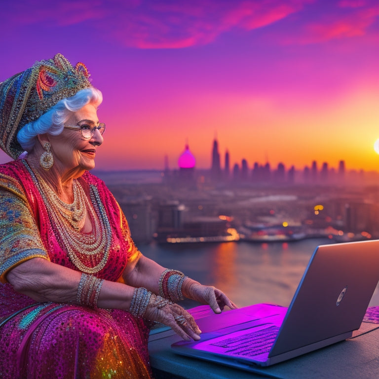 A vibrant, colorful illustration of a senior woman in her 60s, dressed in a flowing, shimmering belly dance costume, dancing in front of a laptop with a cityscape background at sunset.